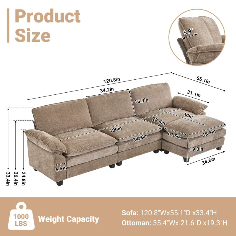 Karl Home |120 in. W Pillow Top Arm Double-layer Cushion Chenille Sofa in Brown With Ottoman
