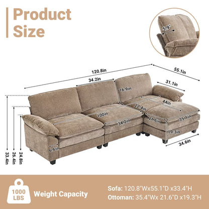 Karl Home |120 in. W Pillow Top Arm Double-layer Cushion Chenille Sofa in Brown With Ottoman
