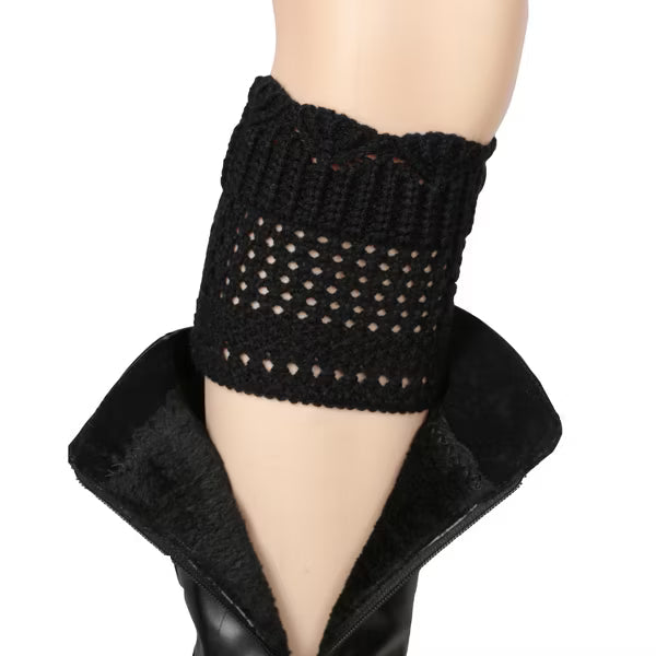 Women's Crochet Knit Boot Cuffs with Side Buttons, Cozy Acrylic Leg Warmers for Layering with Tall or Short Boots - Black