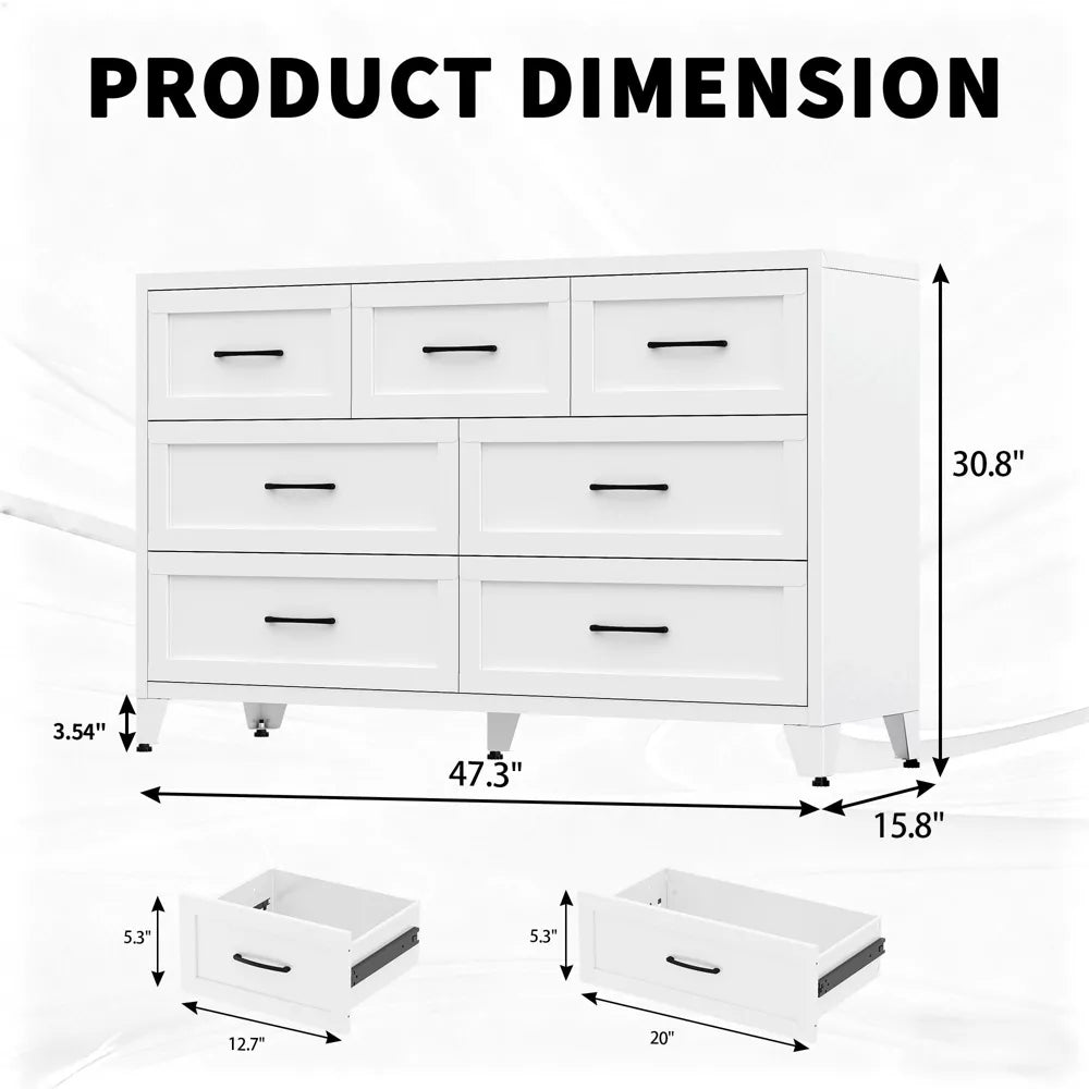 VIYET 7-Drawer White Dresser for Bedroom, Wide Low-Profile Chest of Drawers with Smooth-Glide Storage for Closet & Entryway
