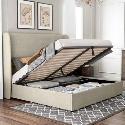 AMERLIFE Queen Lift-Up Storage Platform Bed with Wingback Headboard, Linen Upholstery, Brown