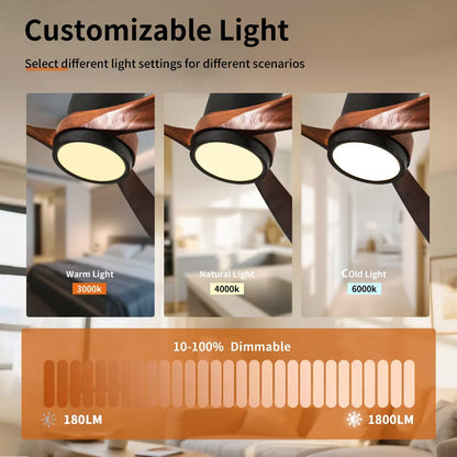 Wanze of Ocean 42 In. Indoor 3 Solid Wooden Blade Ceiling Fan with Dimmable LED Light, DC Motor, App Control For Bedroom Living Room and kitchen