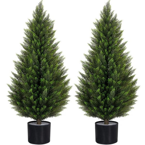 ROMSWI 2 Pack 3ft Artificial Cedar Topiary Trees UV Resistant Evergreen Fake Cypress Pine for Indoor Outdoor Porch Entryway Decor Black Pot