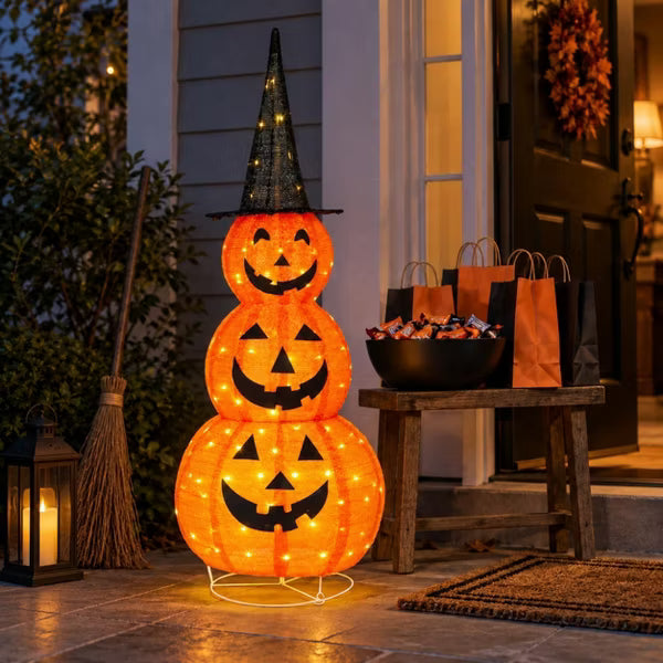 5ft 1pc Lighted Collapsible Stacked Pumpkin, 100 Warm White LED Lights, Pop-Up Jack-O'-Lantern with Witch Hat for Outdoor Halloween Yard & Porch Decor