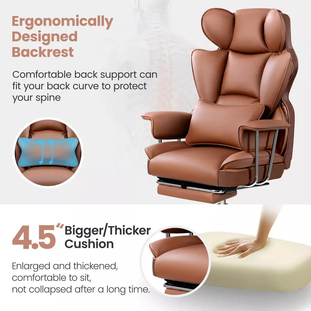 KERDOM Executive Office Chair，Big and Tall Leather Office Chair with Footrest, Wide Seat Executive Desk Chair with Lumbar Support, Brown