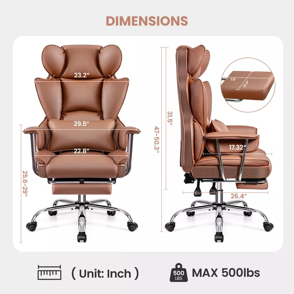 KERDOM Executive Office Chair，Big and Tall Leather Office Chair with Footrest, Wide Seat Executive Desk Chair with Lumbar Support, Brown