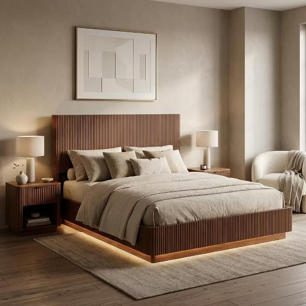 King Size Floating Bed Frame with LED & Fluted Headboard, Rich Walnut Platform Bed Furniture for Cozy Bedroom, Apartment & Dorm