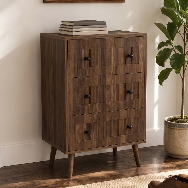 LauKingdom 24 Inch Walnut Brown 3 Drawer Cabinet Modern Storage Chest for Entryway Hallway Bedroom Living Room Organizer