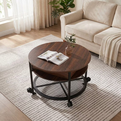 Karl Home Lift Top Round Coffee Table with RGB LED Lights and Lockable Casters for Living Room