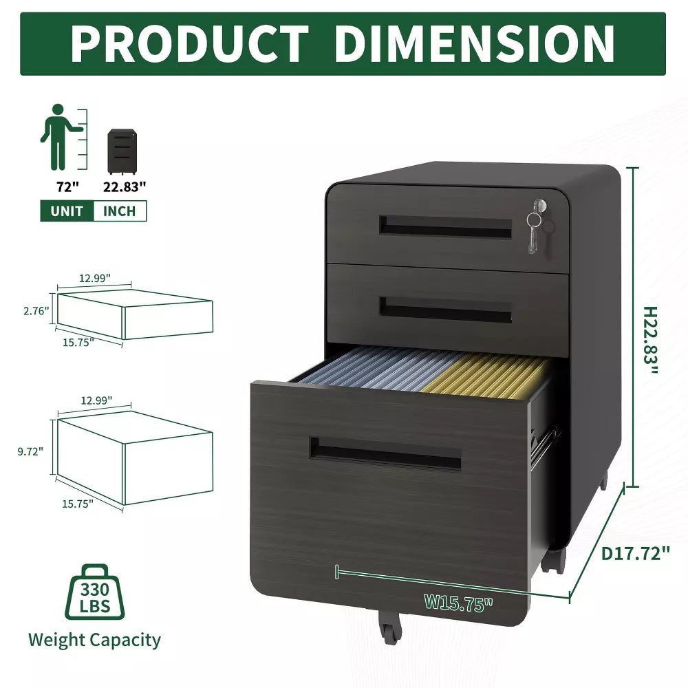 VIYET 3 Drawer Mobile File Cabinet with Lock, Fully Assembled Rolling Steel Filing Cabinet with Locking Casters, Anti-Tip Storage
