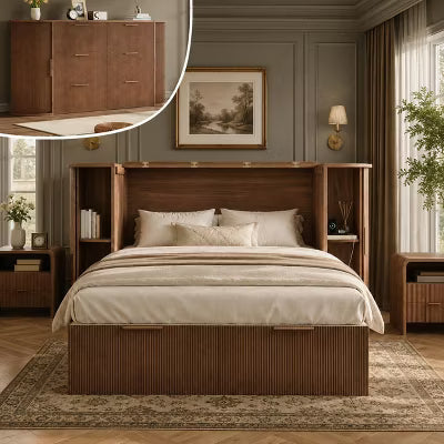 AMERLIFE Queen Murphy Bed Cabinet with Storage Drawer & Sliding Tambour Door, Engineered Wood, Brown