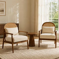 LauKingdom Set of 2 26.6" Mid-Century Modern Accent Chairs, Light Brown Solid Wood Frame, Rattan Backrest, Beige Cushions for Living Room Reading Nook