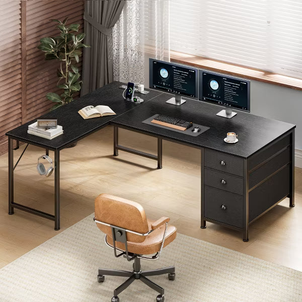 Qwatto 55 Inch L Shaped Gaming Desk Black Computer Corner Table with Power Outlets USB C Ports File Fabric Drawers Large Storage for Writing Bedrooms