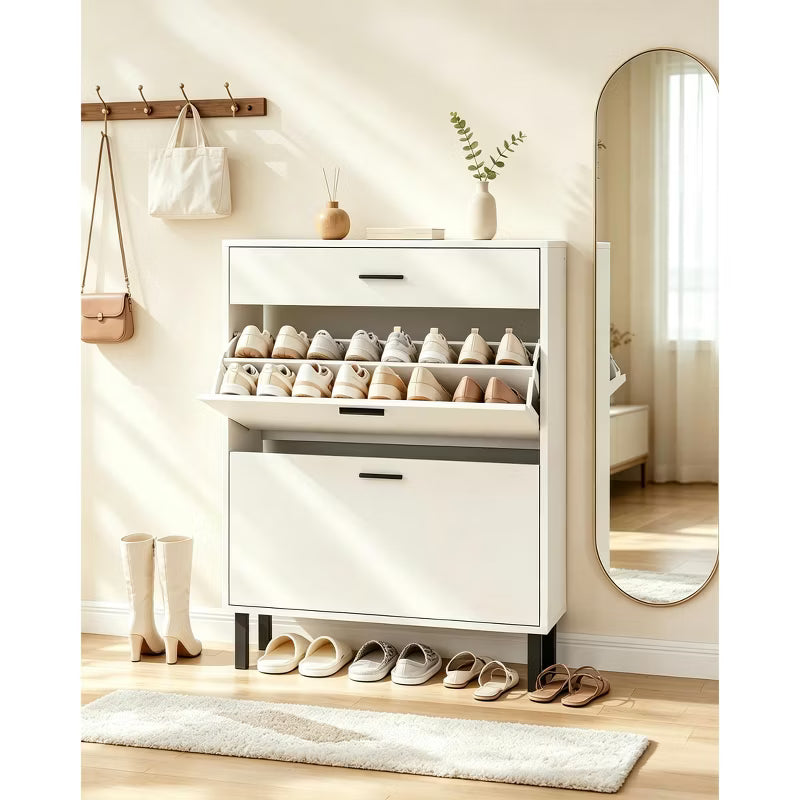 Narrow Wooden Entryway Shoe Cabinet, Freestanding 3-Drawer Shoe Organizer with Adjustable 3-Tier Shelves, Space Saving Shoe Storage for Hallway Porch