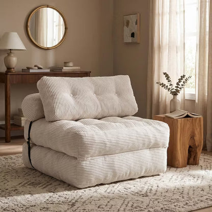 Convertible Corduroy Sofa Bed Folding Sleeper Chair Floor Lounge Couch with 2 Pillows for Dorm Small Spaces Studio Apartment Playroom, Oatmeal Cream