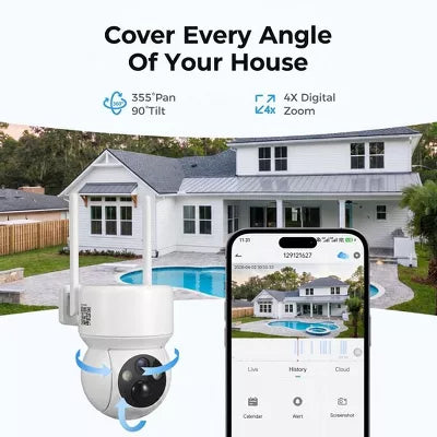 Security Camera，Solar Camera Outdoor 360 Full Coverage,Auto Person Tracking,2K Clarity&Full-Color Night Vision,Two-Way Talk,4GHz