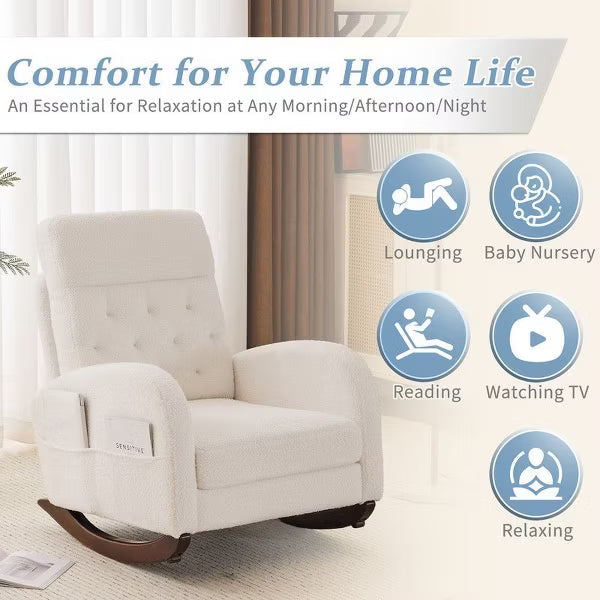 Karl Home Teddy Boucle Nursery Rocking Chair Modern Comfy Upholstered Rocker Armchair with Side Pocket for Living Room Bedroom Beige