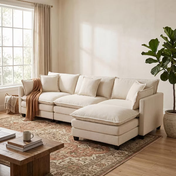 LauKingdom 114" Antique White Chenille 3-Seat Modular Sectional Sofa with Ottoman, Reversible Sleeper Cloud Couch for Living Room Apartment