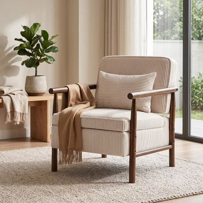LauKingdom Antique White Mid-Century Modern Corduroy Accent Chair with Hidden Storage & Lumbar Pillow for Living Room, Dorm, Apartment