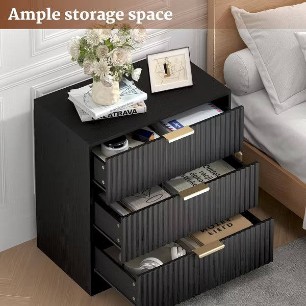 Qwatto Black 3 Drawer Nightstand Fluted Wood Bedside Table Modern Storage Cabinet Wide Bedroom Dresser Accent Furniture Large 27 Inch Chest Organizer