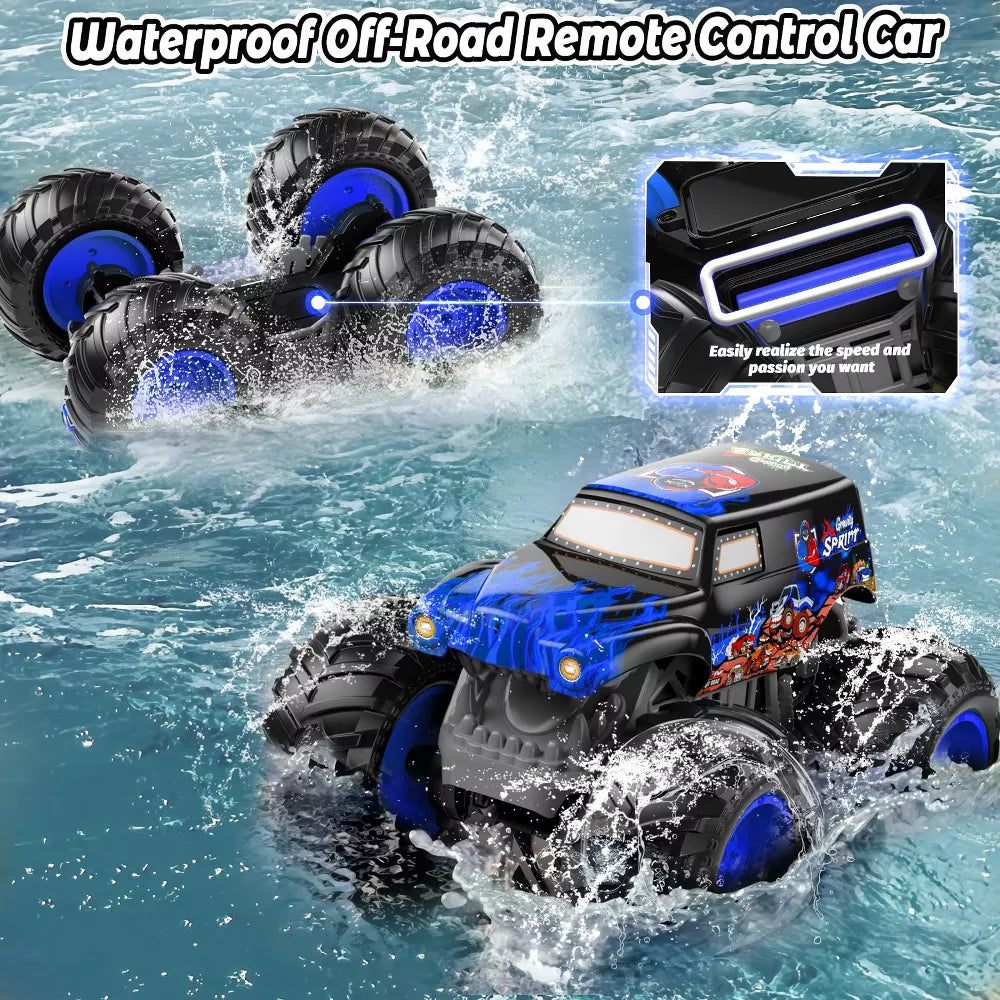 TITQWOP 1:14 Waterproof Remote Control Car,Front & Rear Wheelie Monster Truck,Amphibious RC Truck with 2 Sets of Rechargeable Batteries