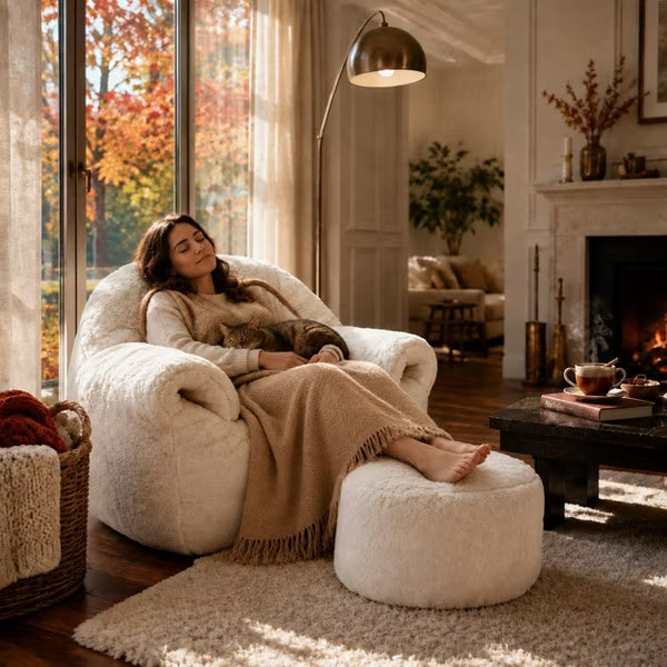 LauKingdom Cream White Bean Bag Chair with Ottoman for Living Room Bedroom Apartment Comfy Faux Fur Lounge Sofa