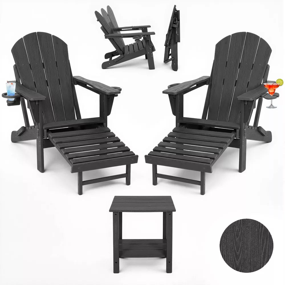 Garvee HDPE Adirondack Chair Set, 2 Folding Outdoor Chairs with Adjustable Backrests, Double Cup Holders, Pull-Out Footrests and Coffee Table