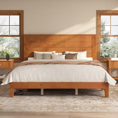 AMERLIFE King Solid Pine Wood Platform Bed Frame with 47.2" Headboard, Wood Slats, Brown