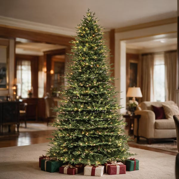 VIVATREES 9ft Prelit Artificial Christmas Tree with Warm White LED Lights Hinged Branches Metal Stand for Decor Holiday