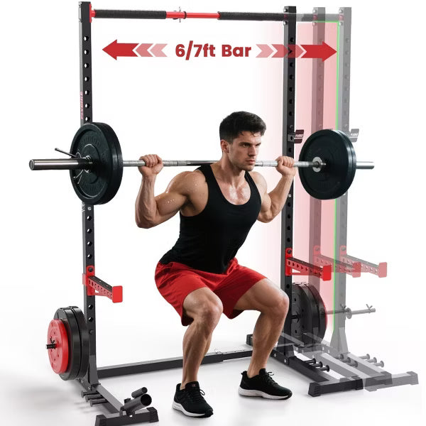 FLYBIRD Adjustable Squat Rack for 6FT/7FT Barbells, Power Rack with Pull-Up Bar, 22 Positions, J-Hooks, Safety Arms & Home Gym Weight Set