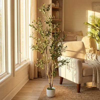 6FT Artificial Olive Tree Tall Faux Olive Trees Indoor with Planter&Cotton Basket, Artificial Plants with Natural Wood Trunk and Lifelike Fruits