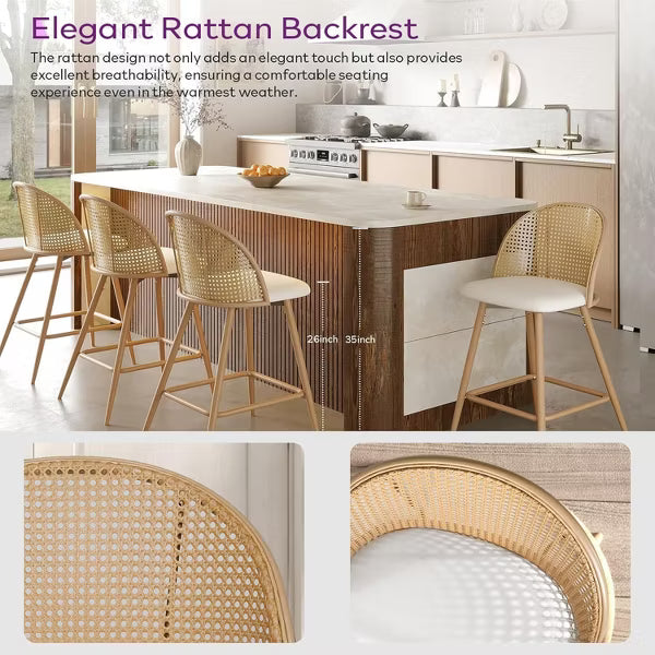 TYBOATLE 26" Swivel Rattan Bar Stools Set of 2, Modern Mid-Century High Bar Chairs with Faux Leather Cushion/Metal Legs for Kitchen Counter, White