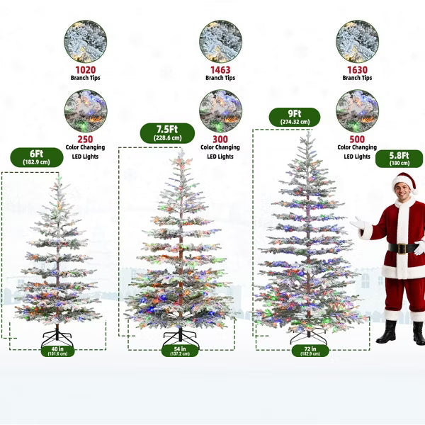 Vivatrees 7.5FT Pre-Lit Flocked Christmas Tree Artificial Xmas Snow Pine with Warm White Multi Color LED Lights Metal Base for Home Office Holiday