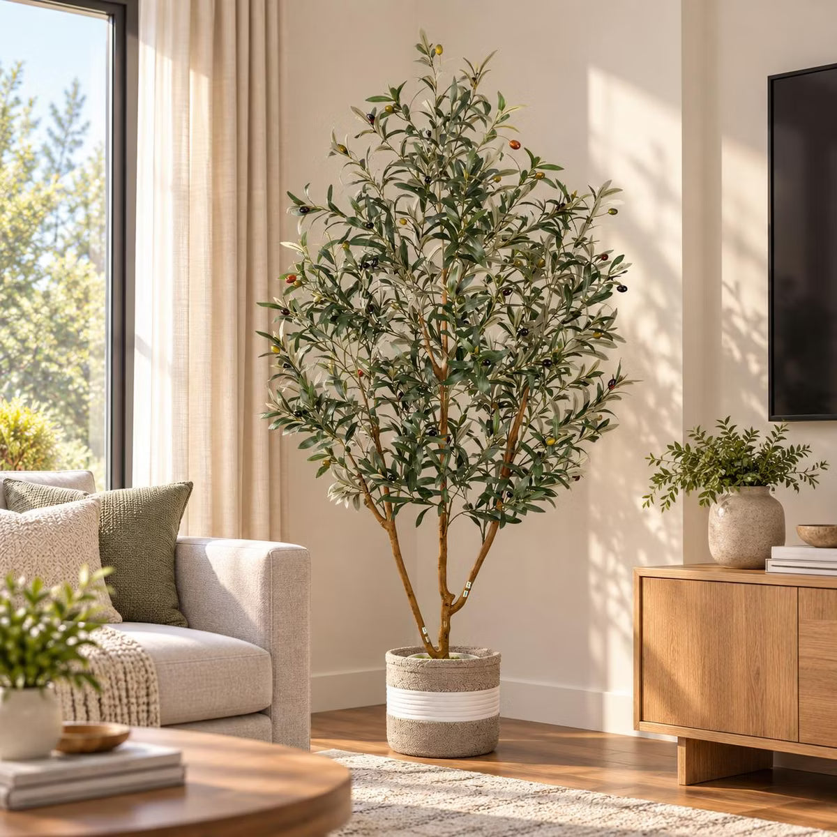 6ft Artificial Olive Tree Realistic Fake Olive Tree with Thick Trunk and Lifelike Leaves, Fruits - Large Faux Olive Tree for Home Office Decor