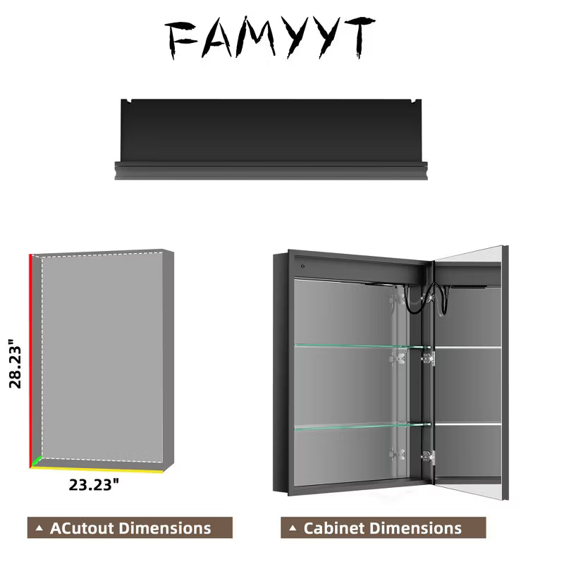 FAMYYT 24x30 inch LED Bathroom Medicine Cabinet with Mirror and Lights, Surface/Recessed Vanity Mirror Organizer, 3-Color Light Adjustment, Black