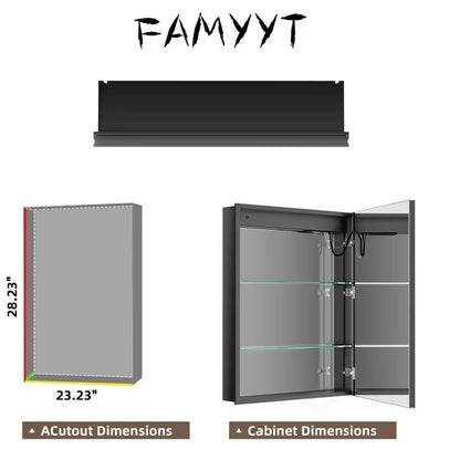 FAMYYT 24x30 inch LED Bathroom Medicine Cabinet with Mirror and Lights, Surface/Recessed Vanity Mirror Organizer, 3-Color Light Adjustment, Black