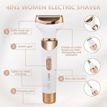 Hoey 4 in 1 Electric Razor for Women – Rechargeable Shaver and Trimmer for Face, Bikini, Underarms and Legs