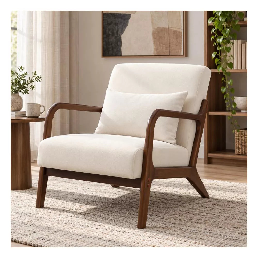 Mid Century Modern Accent Chair with Wood Frame – Cozy Reading Armchair for Living Room, Bedroom or Sunroom (Waist Cushion Included)