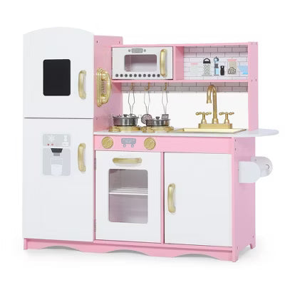 Kinder King Wooden Kids Play Kitchen, Toy Kitchen Playset for Toddler, Pretend Oven, Microwave, Realistic Kitchen Sets for Boys Girls Age 3+, Gold