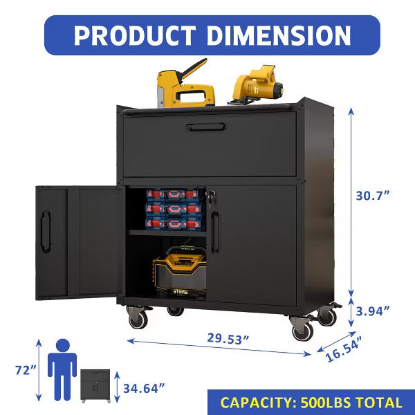 VIYET Metal Garage Storage Cabinet with Wheels, Lockable Utility Cabinet with Drawer & Adjustable Shelf, Heavy Duty Organizer
