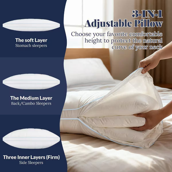 3-in-1 Bed Pillows Queen Size Set of 2 - Down Alternative Pillow for Sleeping, Cooling Hotel Quality Pillow Set for Back, Stomach or Side Sleepers