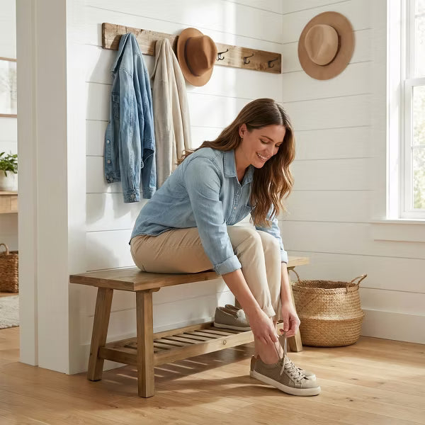 43in Farmhouse Entryway Bench Solid Wood Storage Bench with 2 Tier Shelf Rustic Shoe Bench for Hallway Living Room Bedroom Apartment Furniture
