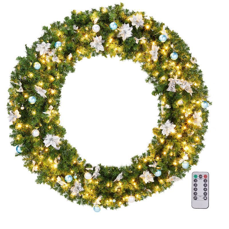 Karl Home Lighted PVC Christmas Wreath with Blue and Sliver Ornaments