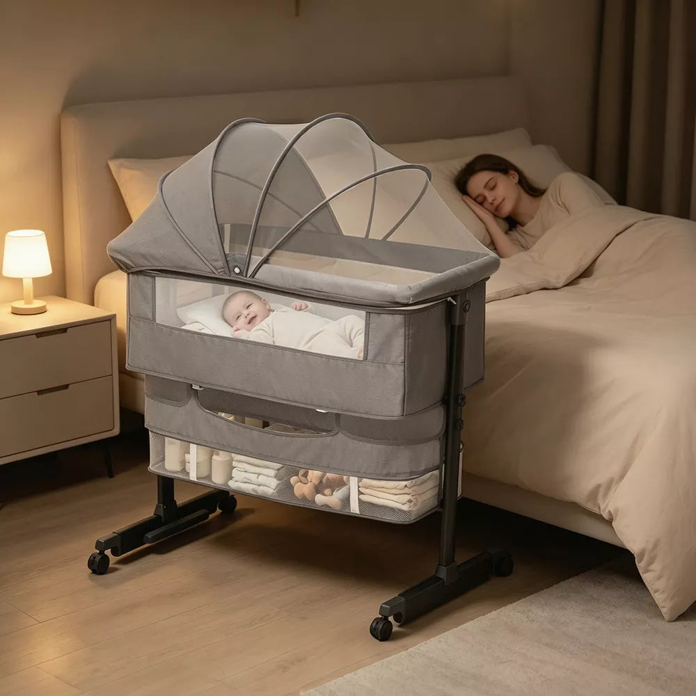Baby Bassinet Bedside Crib with Adjustable Height, Breathable Mesh Sides, Wheels and Storage Basket,Pink
