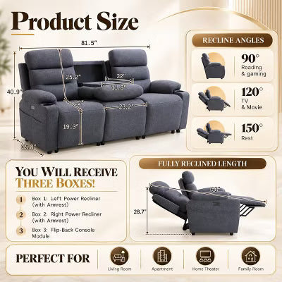 AMERLIFE 81.5" 3-Seat Power Reclining Sofa with Flip-Down Console, Dark Gray
