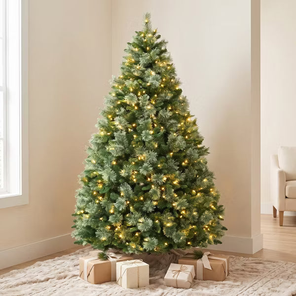 VIVATREES 7.5ft Artificial Christmas Tree Prelit with Warm White LED Lights Pine Needles Hinged Branches Metal Stand Green Xmas Tree for Decor