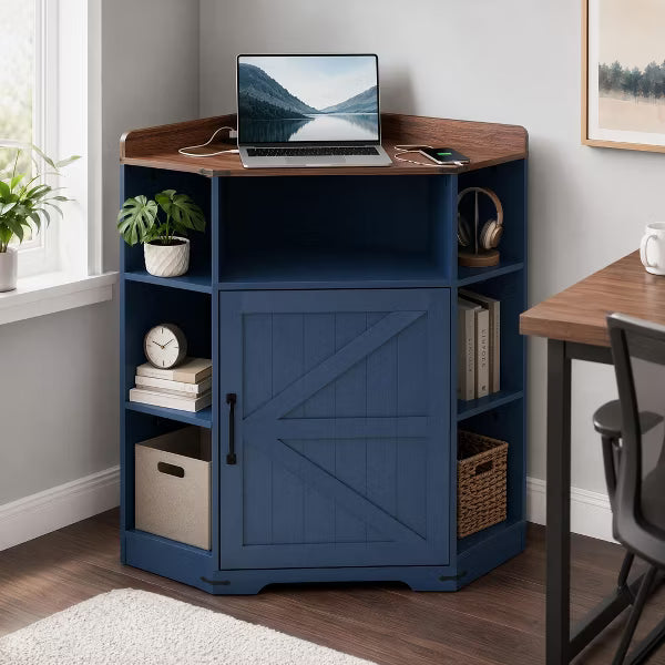 Corner Charging Station Bookshelf, 6-Cubby Wood Storage Shelf with USB Outlets, 3-Tier Space-Saving Organizer for Study Living Room