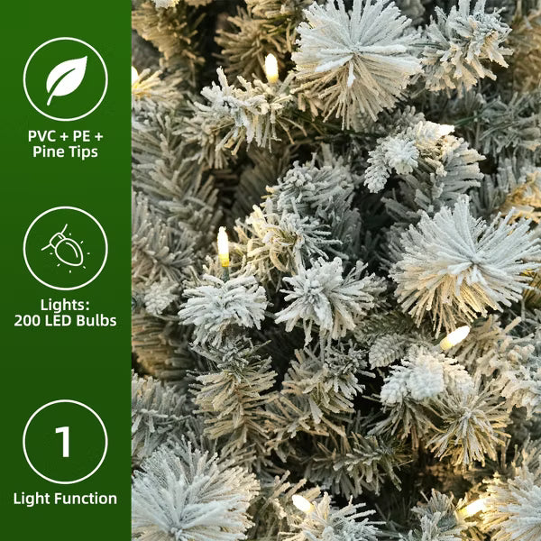 VIVATREES 7.5ft Pre-lit Flocked Christmas Tree Slim Artificial Hinged Mixed PVC PE Branch Tips Pine Needles Warm White LED Lights Foldable Base