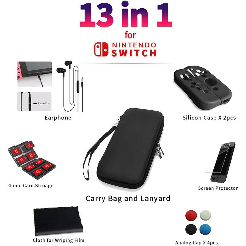 NIMO 13in1 Carrying Case Bundle for Switch and Joy-Con, Shockproof Travel Bag with Tempered Glass Screen Protector, Silicone Covers, 10 Card Slots