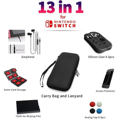 NIMO 13in1 Carrying Case Bundle for Switch and Joy-Con, Shockproof Travel Bag with Tempered Glass Screen Protector, Silicone Covers, 10 Card Slots